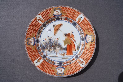A Chinese Imari-style dish after Cornelis Pronk: &ldquo;Dames au Parasol", Qianlong, ca. 1736-1738